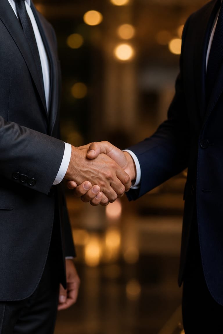 Two professionals shaking hands to confirm a long-term creator collaboration