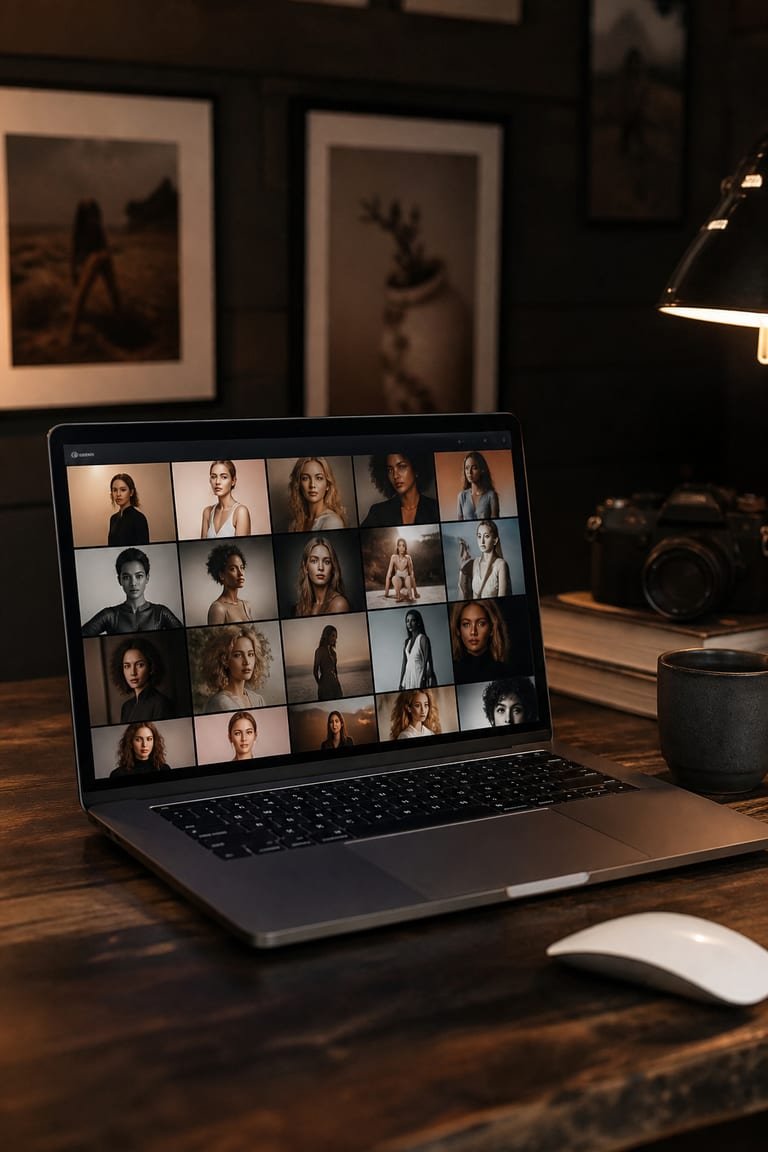 Laptop displaying a professional creator portfolio grid in a studio workspace