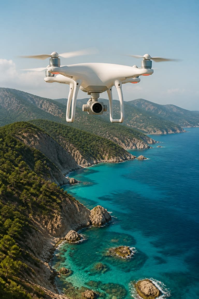 Professional camera drone hovering above a coastline during an aerial shoot