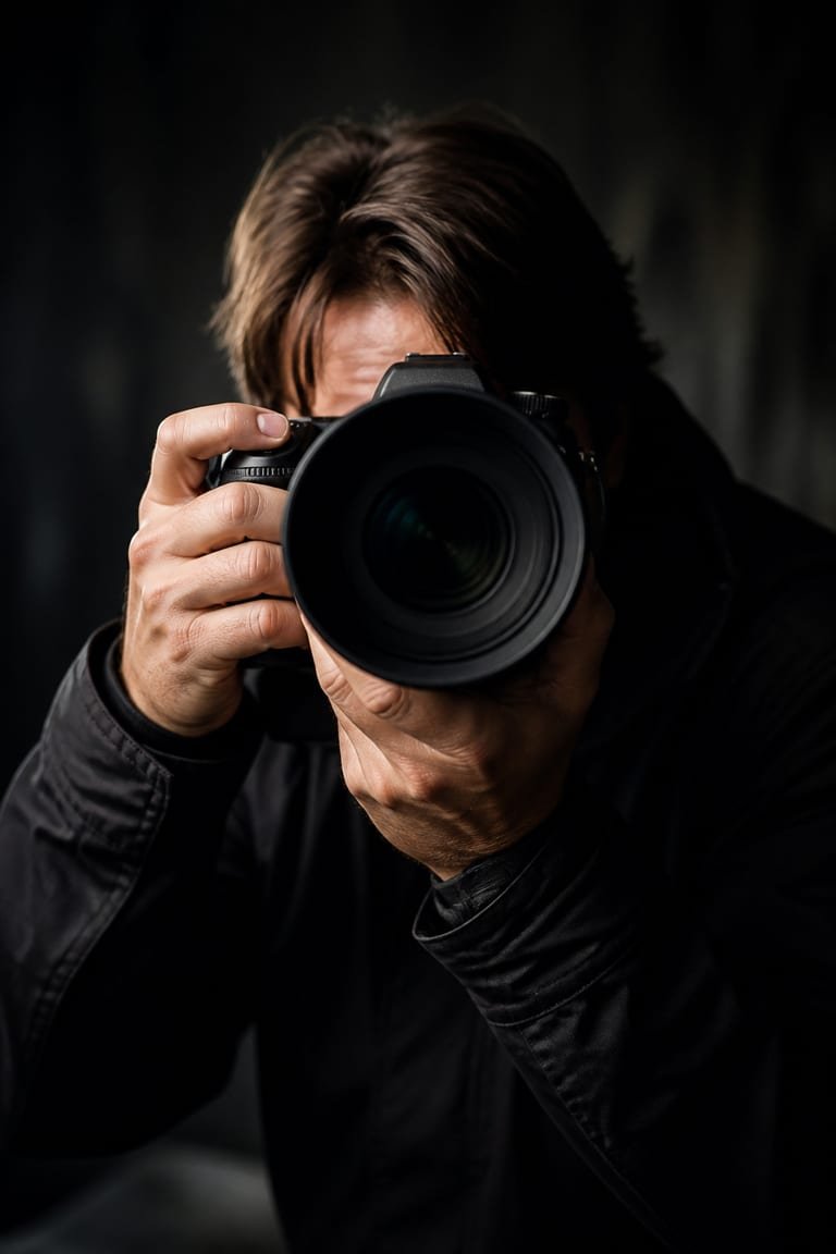 Photographer framing a shot through a professional DSLR camera