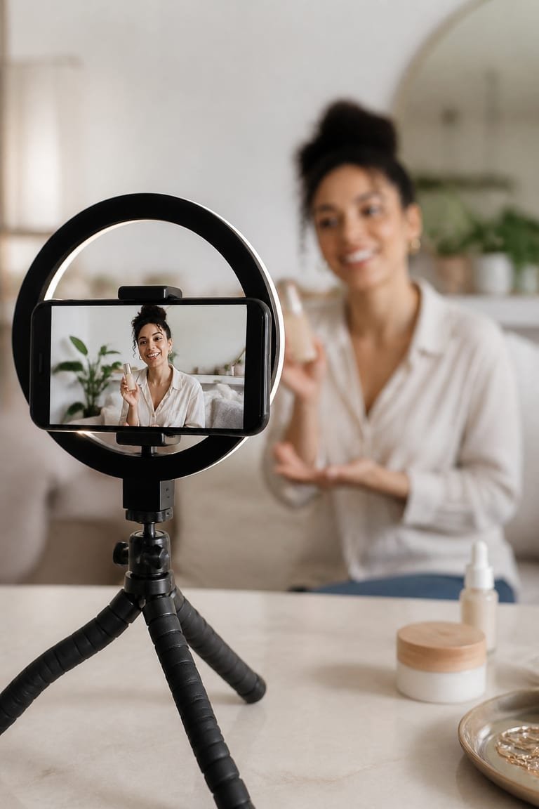Smartphone on a tripod with a ring light filming a creator presenting a product