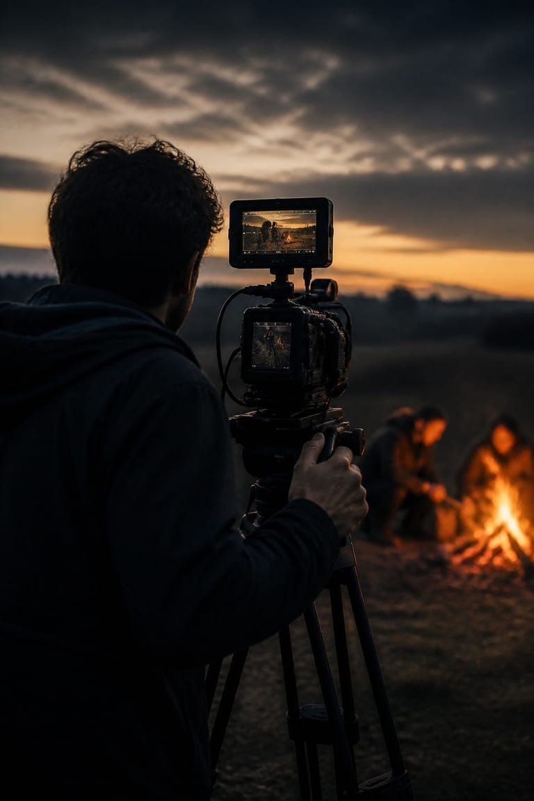 Videographer operating a cinema camera and monitor on a tripod at dusk